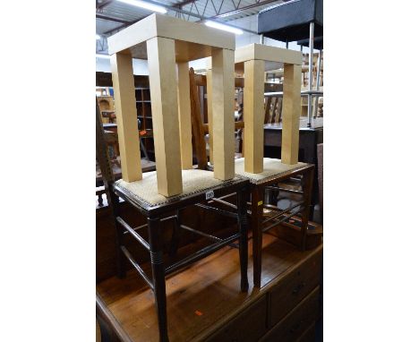 TWO EDWARDIAN CHAIRS, five various pictures, two leather bar stools, two modern occasional tables, a glazed ceramic jardinere