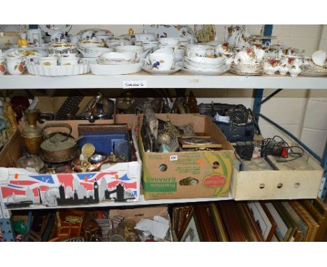 FIVE BOXES AND LOOSE SUNDRY ITEMS, to include metalwares, Nikon camera, games, commodore cassette unit, etc 