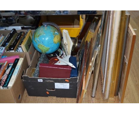 A BOX AND LOOSE SUNDRY ITEMS, to include pictures (signed limited edition C.D.Howells 'Early Morning Round', 19415/19500) wat