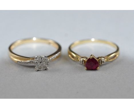 TWO 9CT DRESS RINGS, one heart shaped ruby and diamond, ring size N, the other a diamond cluster, ring size Q, approximate we