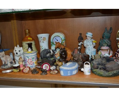 A GROUP OF ORNAMENTS, to include Old Tupton Ware 'Woodpecker' clock, Beswick 'West Highland Terrier' No.2038, Aynsley 'Badger