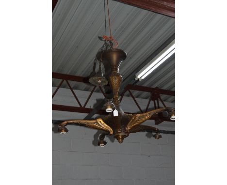 AN ART NOUVEAU BRASS FIVE BRANCH HANGING CENTRE LIGHT