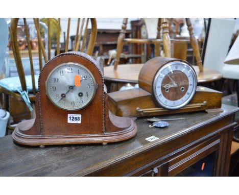 A WALNUT CASED MANTLE CLOCK, and a mahogany cased mantle clock (two pendulums)