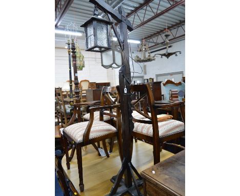 AN OAK ADJUSTABLE HANGING LANTERN/STANDARD LAMP