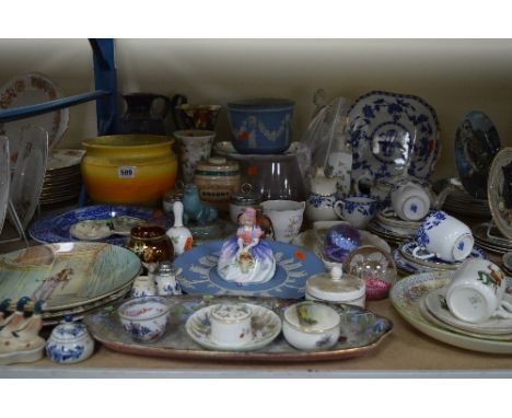 VARIOUS CERAMICS AND GLASSWARES, to include Shelley jardinière, grey/orange/yellow, height approximately 18cm, Royal Doulton,