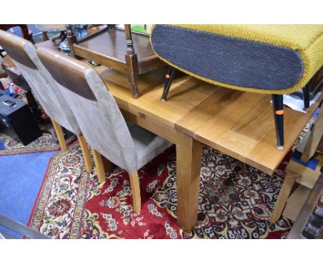 A LIGHT OAK SQUARE TOPPED EXTENDING DINING TABLE, approximate extended size width 150cm x depth 90cm x height 78cm and four s
