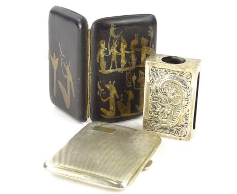 A George V silver cigarette case, with engine turned decoration and vacant rectangular cartouche, Birmingham 1928, a Chinese 