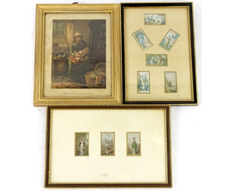 A collection of 19thC Baxter type prints, each around postage stamp size, depicting maidens etc., 5cm x 3cm in two frames, an