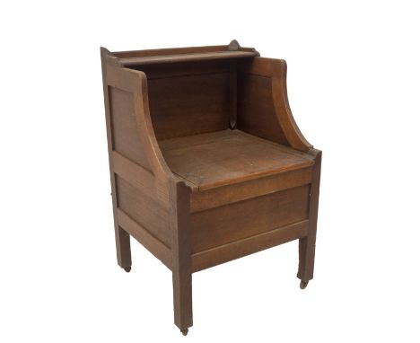 A George III oak night commode, with lift top and panel base on square legs, 84cm H, 57cm W, 50cm D.