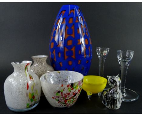 An Orrefors Swedish glass vase, designed by Helen Krantz, decorated with a geometric design in blue and orange, engraved mark