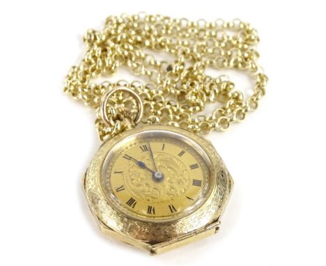 A 9ct gold fob watch, in octagonal case with etched design and enamel flower and crest to reverse, with blue hands and bezel 