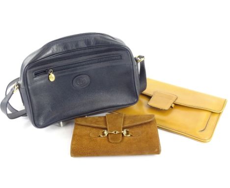 Three ladies vintage leather handbags, bearing labels.