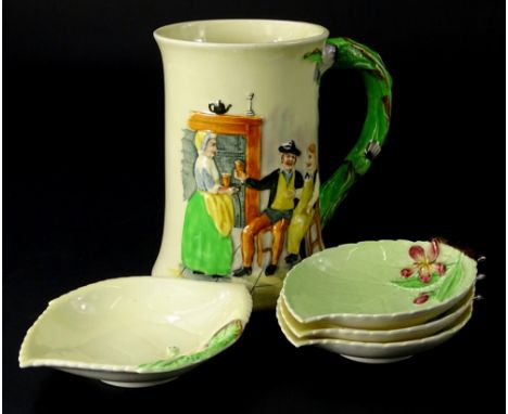 A Crown Devon Auld Lang Syne musical mug, and various Carltonware leaf shaped dishes.