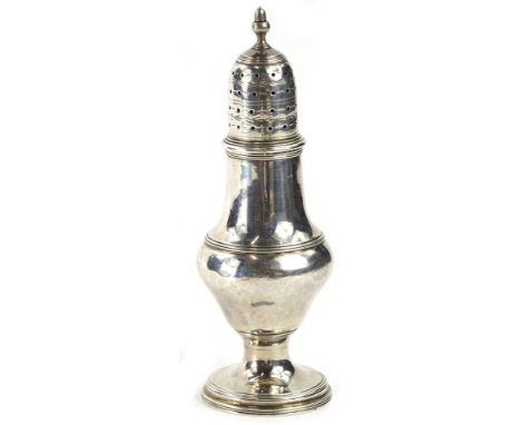 A George III baluster shaped silver sugar castor, with an acorn finial, on a tapering foot, London 1796, 2½oz, 14cm H.