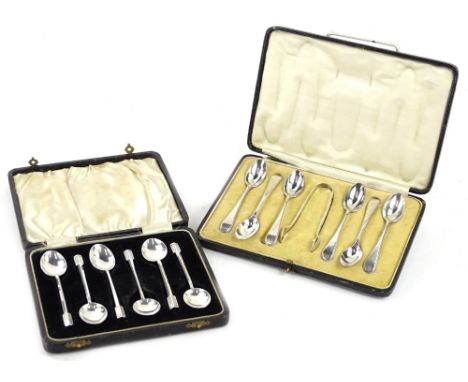 Miscellaneous silver, to include a set of six silver teaspoons, with matching tongs and a set of six silver coffee spoons wit