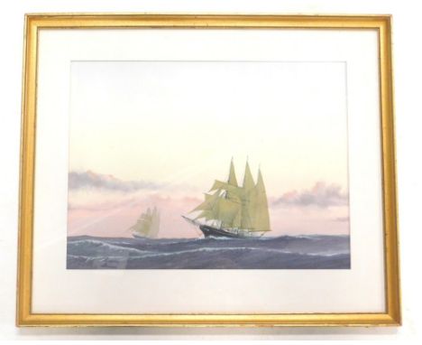 R. Cole.  Two masted sailing ships at sunset, watercolour, 28cm x 39cm.