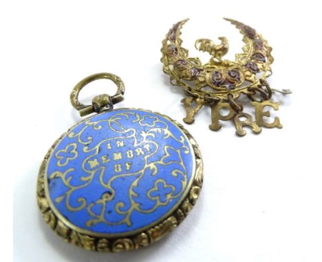 Two decorative items of jewellery, to include a Middle Eastern style brooch, with cockerel and enamel design, with drop lette