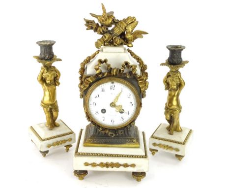 A late 19thC French gilt metal clock garniture, the white enamel dial with Arabic numerals, case decorated with quiver torch,