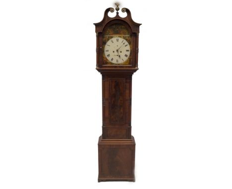 An early 19thC flamed mahogany longcase clock, with rosewood inlaid swan neck pillared hood, ball and eagle finial, over a qu