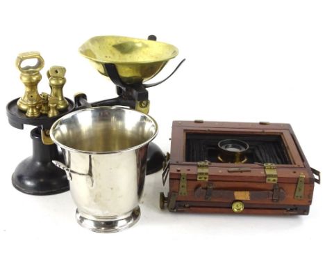 Miscellaneous items, to include an early 20thC mahogany and brass bellows camera, set of scales and weights, plated champagne