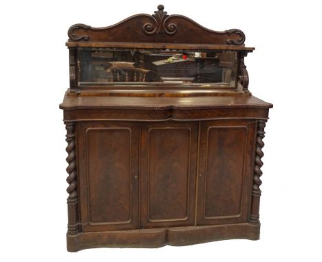 A early Victorian flame mahogany chiffionier, with scroll and mirror back, shaped shelf on scroll supports, profiled serpenti