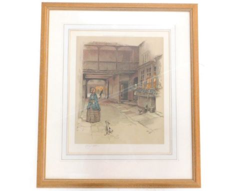 Cecil Aldin. Rear view of an inn, artist signed coloured print with blind stamp, 43cm x 36cm.