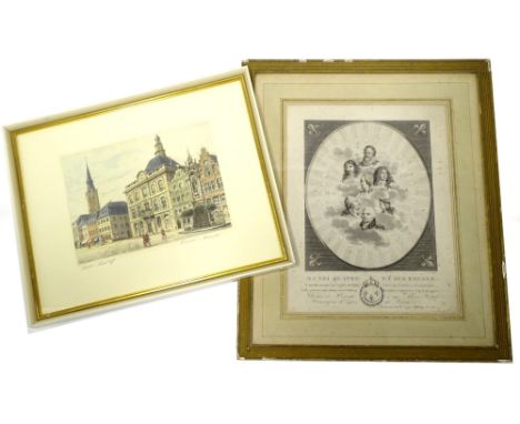 After Lecerf.  Henri Quatre et ses Enfans, monochrome lithograph, 32cm x 24cm and a Continental coloured signed engraving. (2