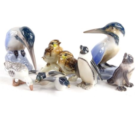 A collection of Danish and other porcelain animals, to include two Bing &amp; Grondahl kingfishers, a pair of Copenhagen smal