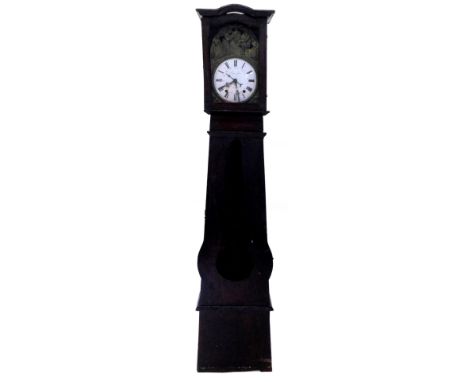 A 19thC French rustic longcase clock, the painted dial with pressed decoration of figures, masks etc., the enamel insert sign