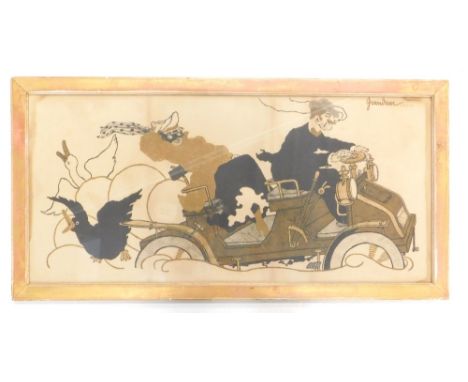 D'Azra. Decadence, depicting a gentleman after a motor accident, coloured lithograph, 43cm x 93cm.