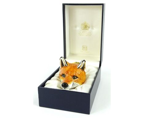 A Halcyon Days enamel box, the fox head stirrup cup inspired by a Derby porcelain original from the 1820's, sold with origina