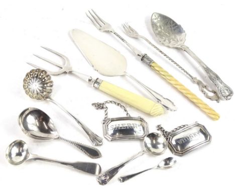 Miscellaneous silver items etc., to include whisky and sherry decanter labels, salt spoons, caddy spoon, long handled pickle 