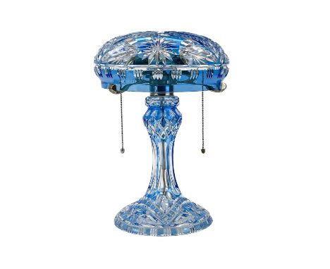 A blue overlay cut glass mushroom table lamp and shade. Early 20th century, with chrome fittings, the twin bulb holders with 