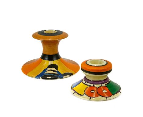 A Clarice Cliff Circles and Squares pattern squat candlestick. Circa 1929, printed Fantasque mark, height 5.5cm, together wit