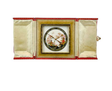 A Harrods Chinoiserie clock. Contained in a Harrods fitted case with easel back. The clock is 10.2cm squared.