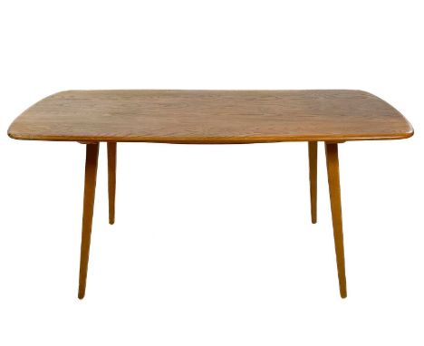 An Ercol elm and beech 382 model oblong dining table. With chamfered edge on tapering supports, height 72cm width 152cm depth