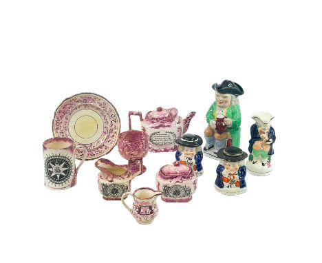 A Staffordshire pottery Toby jug and cover. Circa 1900, height 24cm, together with a snuff taking Toby jug, two Toby jars and