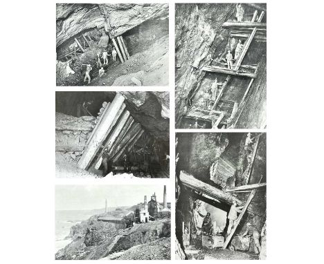 J C Burrow, five reproduction prints of black and white photographs of Cornish Tin Mines. Above and below ground and labelled