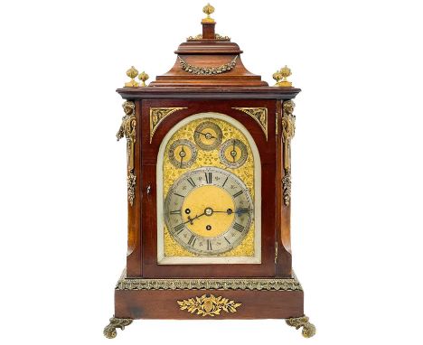 A good George III style mahogany musical bracket clock. Circa 1900, with gilt metal finials, foliate and floral mounts, the t