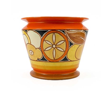 A Clarice Cliff sliced fruit (orange) pattern footed jardiniere. Circa 1930 printed mark Wilkinson Ltd, height 19cm diameter 