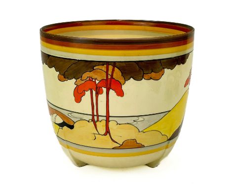 A Clarice Cliff coral firs dover jardinière.  Circa 1934, printed mark bizarre, height 20cm diameter 21.5cm.General wear, lig
