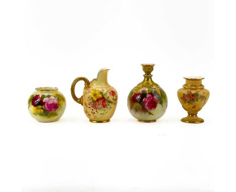 A Royal Worcester small globular vase painted with roses. Shape number F126. height 12.5cm, together with another rose painte
