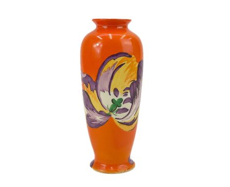 An early Clarice Cliff meiping shape vase. Decorated with an iris on an orange ground. printed mark Wilkinson Ltd, 18.5cm.Vis