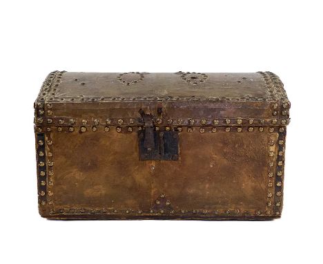 A studded hide and leather small dome top trunk by J Evans, Bristol. Early 19th century, with the trunk, box and case maker's