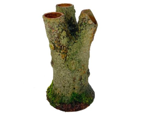 An earthenware tree trunk strawberry planter. With three open branches, height 51cm.