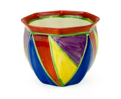 A Clarice Cliff Original Bizarre pattern Chester fern pot. Printed marks and Wilkinson factory mark, height 8.5cm.Miniscule s