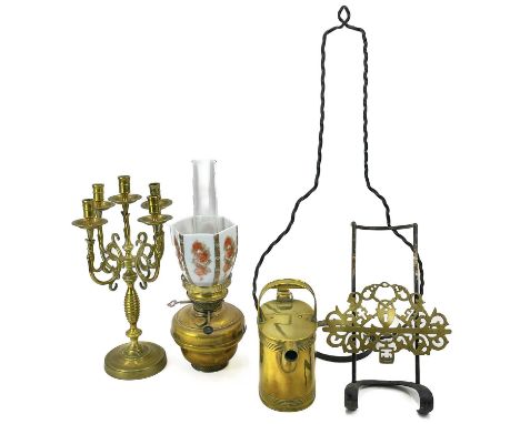 A Victorian brass and wrought iron sliding trivet. Pierced with crossed keys, a padlock, and scrolls, length 37cm. together w
