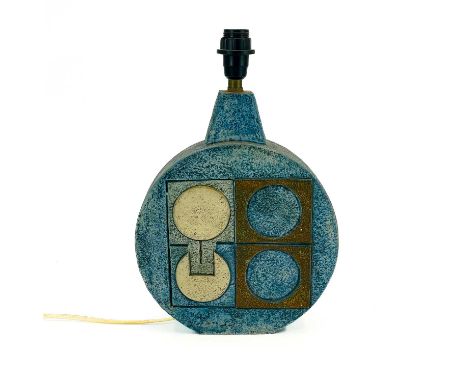 A Troika pottery wheel lamp base. Decorated by M. Murrell in blue and russet glazes moulded with geometric designs, signed to