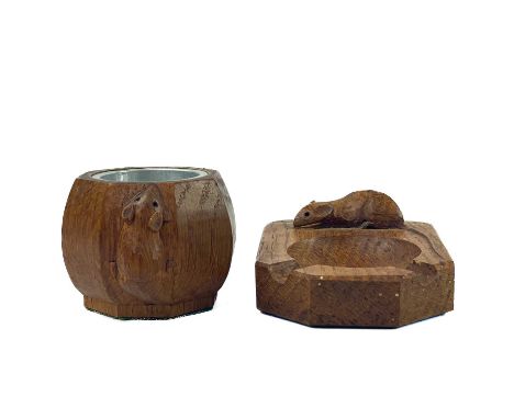 A Robert Thompson Mouseman oak ashtray. Carved with signature mouse, length 10.5cm, together with a Mouseman oak carved cigar