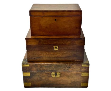 A 19th century walnut brass bound writing box. height 15cm, width 35 cm, depth 24 cm, altogether with a mahogany tea caddy an